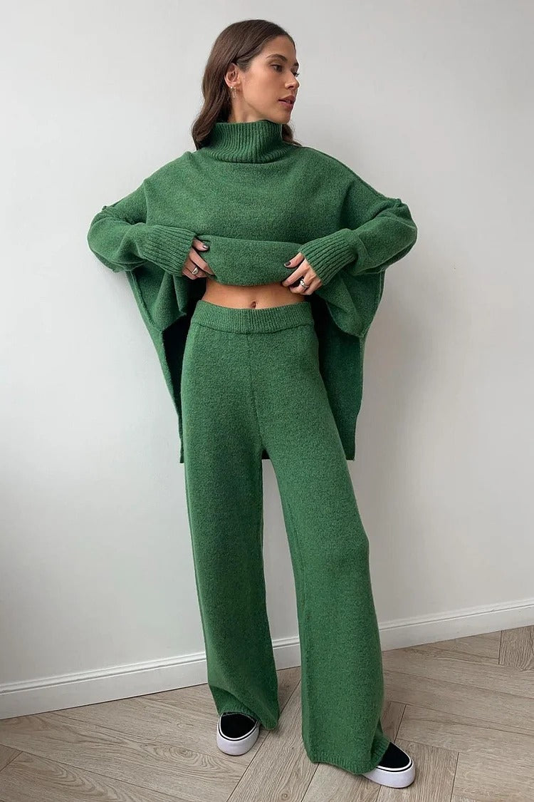 Gray Knit High Collar Sweater & Wide-Leg Pants Set - Lila