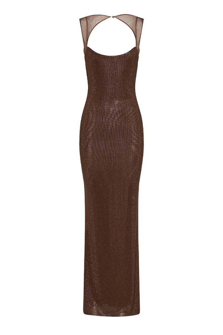 Brown Open-Back Shimmery Maxi Dress - Mia