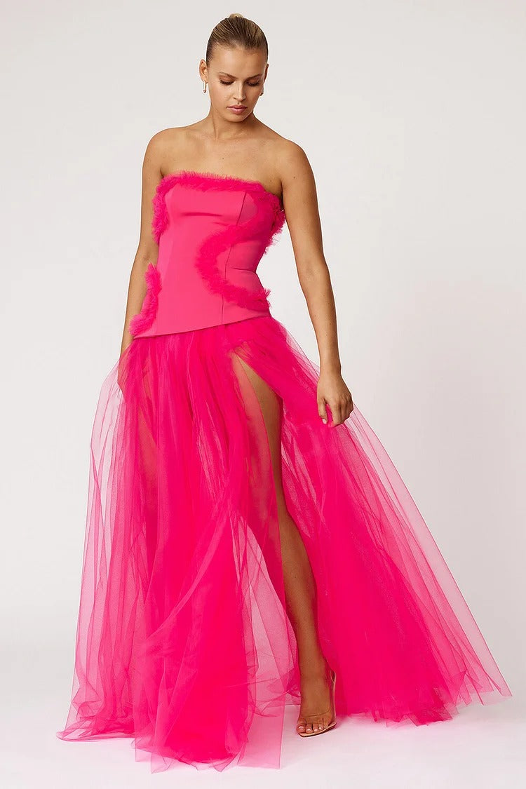 Deep Pink Frilled Tulle Patchwork Gown - Scarlett