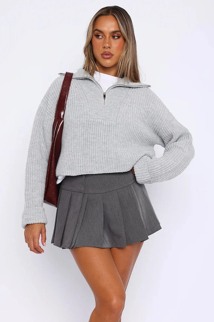 Gray Pleated Knit Zipper Crop Sweater - Ava