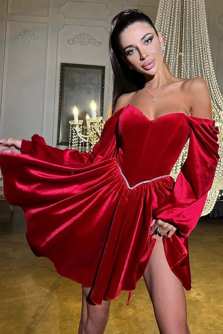 Red Off Shoulder Lantern Sleeve Velvet Corset Dress - Isabella