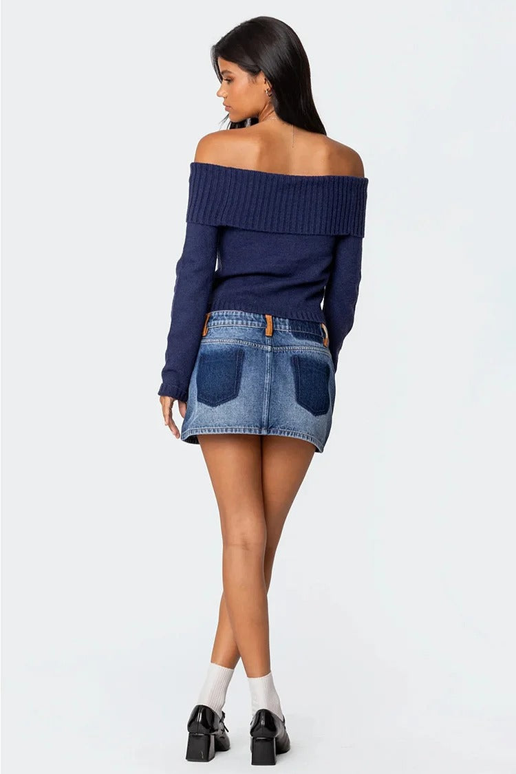 Navy Off Shoulder Knit Crop - Isla