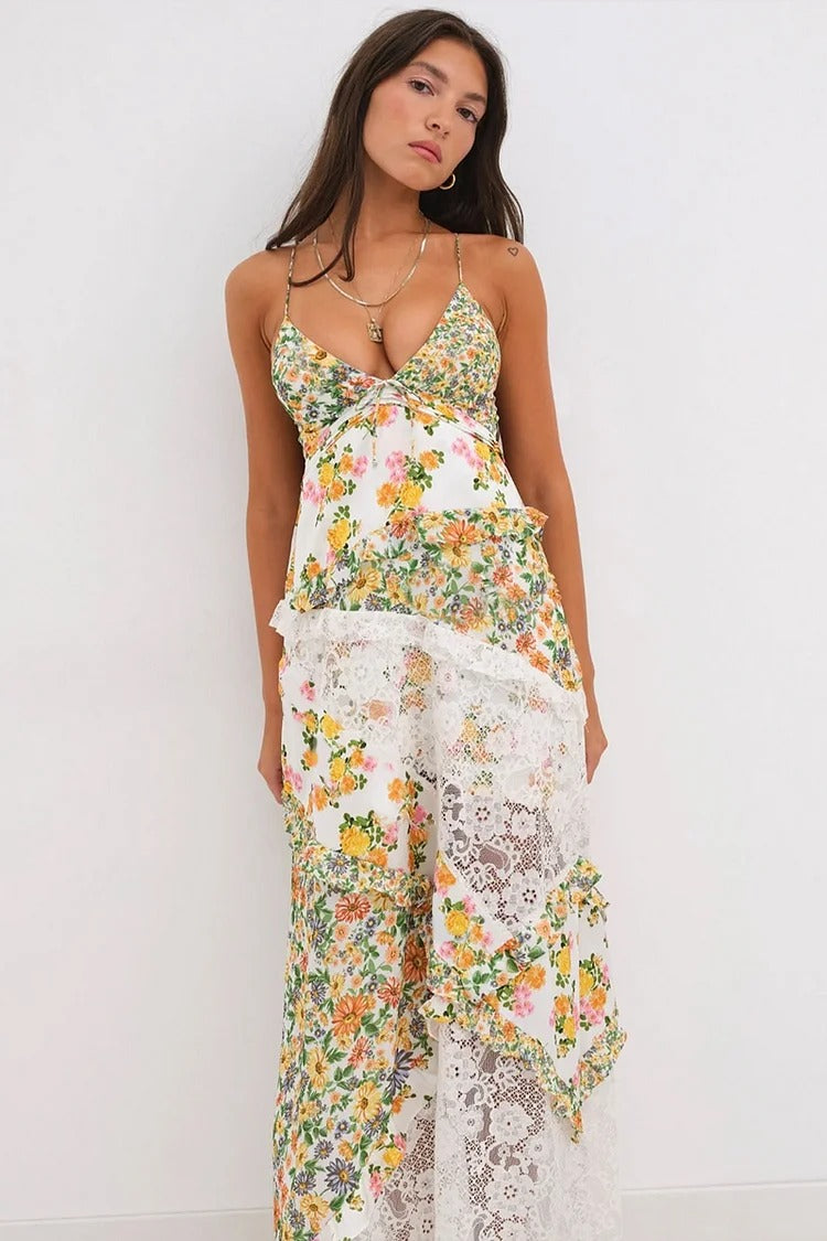 Green Floral Lace Slip Dress - Elara