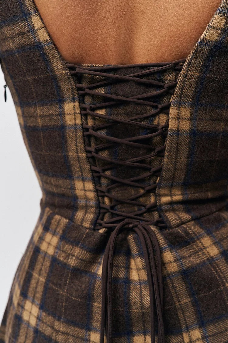 Brown Plaid Pattern A-Line Midi Dress - Sophie