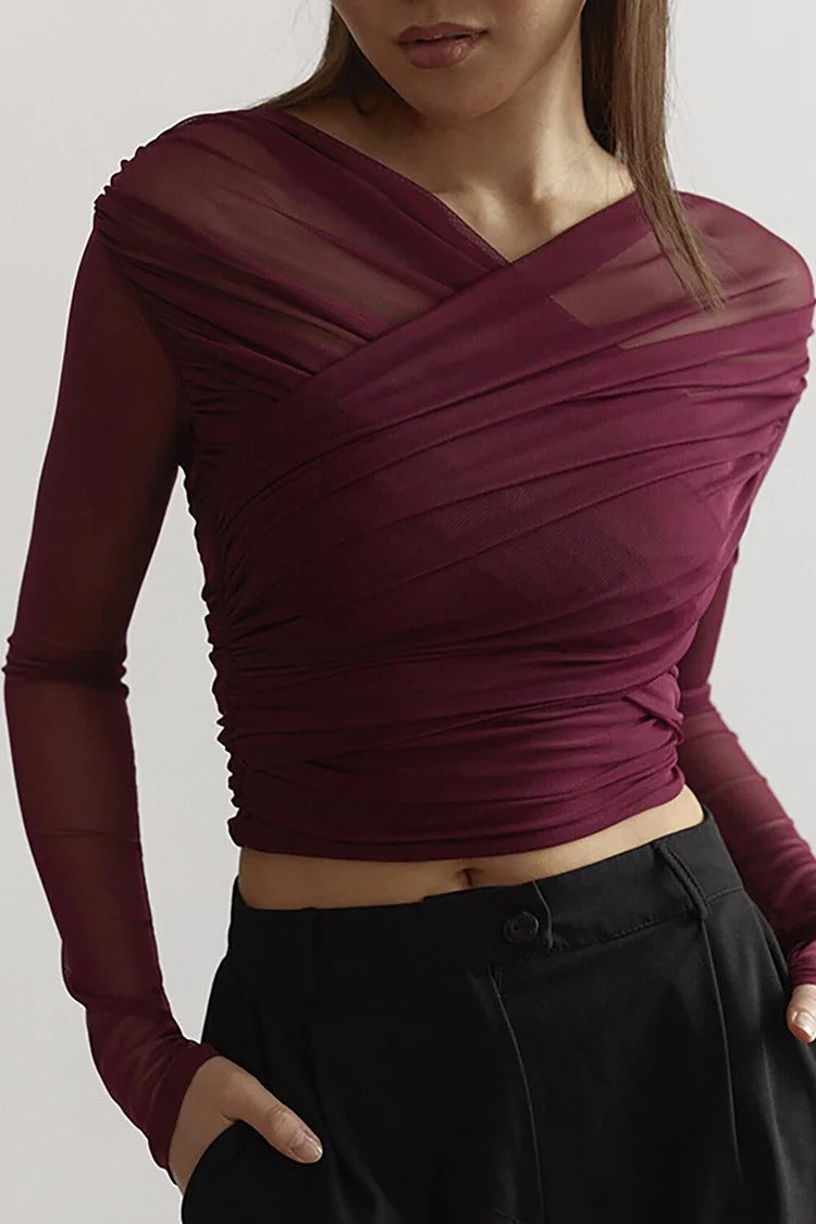 Burgundy Ruched Crossover Slim Fit Crop Top - Ava