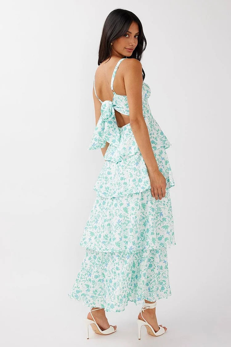 Blue Floral Square Neck Tiered Maxi Dress - Lily