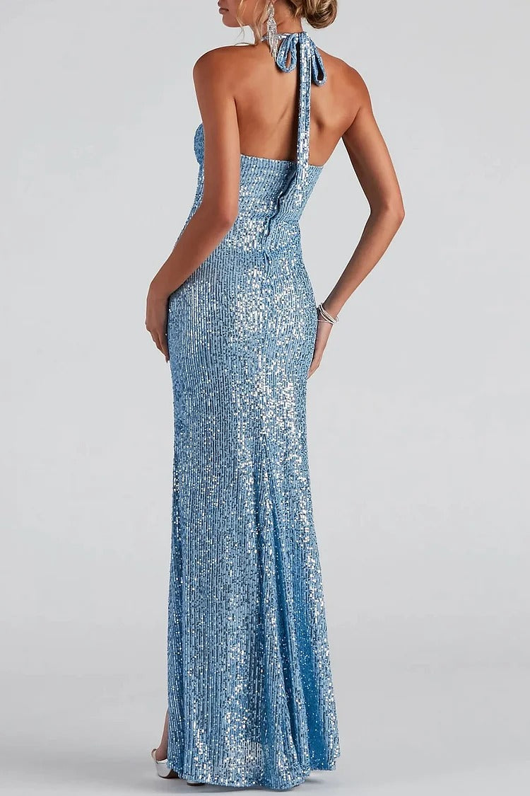 Blue Sequin Halter Maxi Dress - Ava
