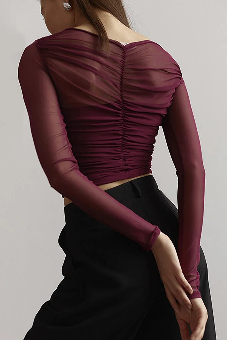 Burgundy Ruched Crossover Slim Fit Crop Top - Ava