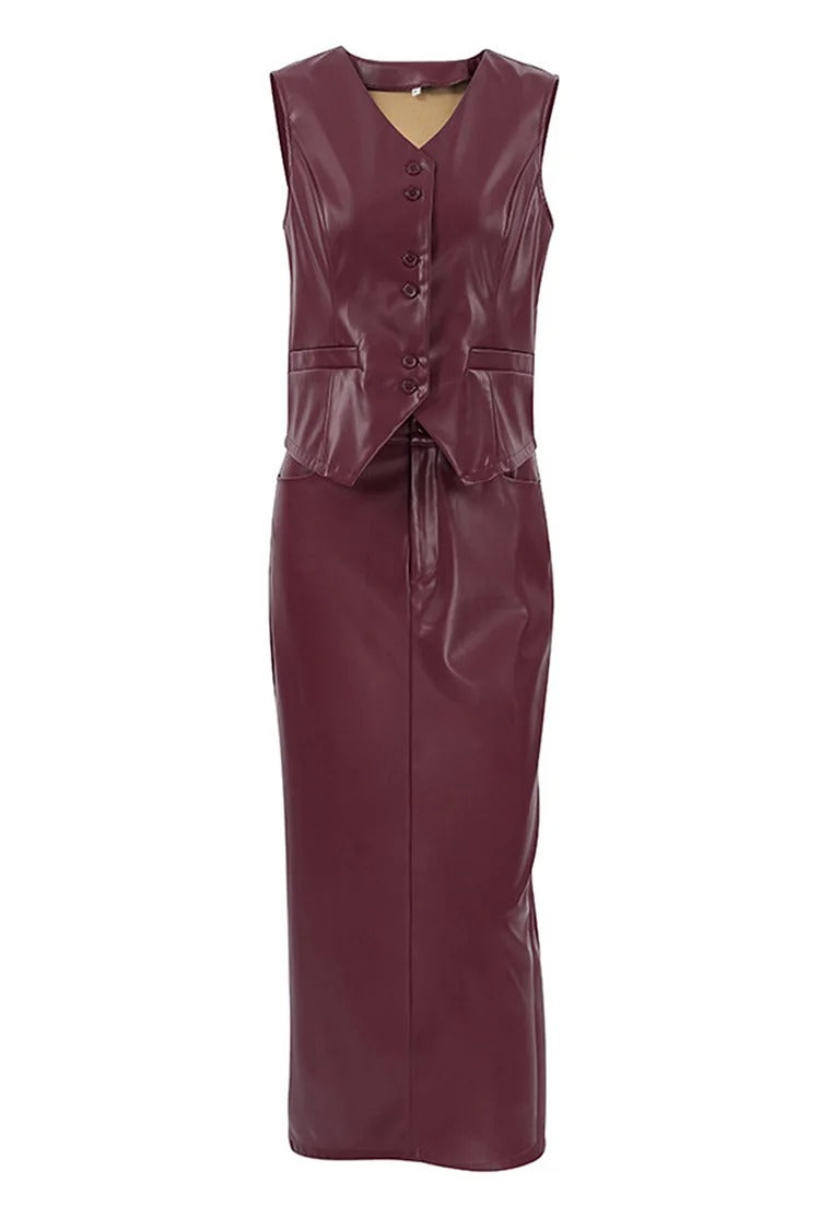 Burgundy V-Neck Sleeveless Vest & Midi Skirt Set - Olivia