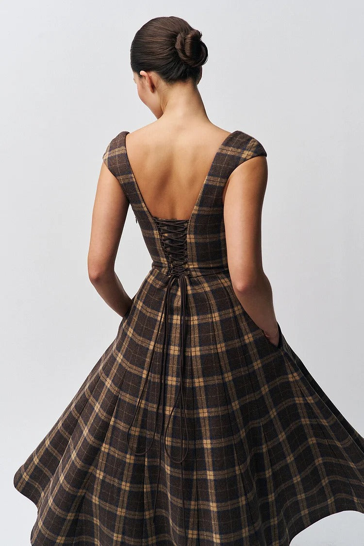 Brown Plaid Pattern A-Line Midi Dress - Sophie