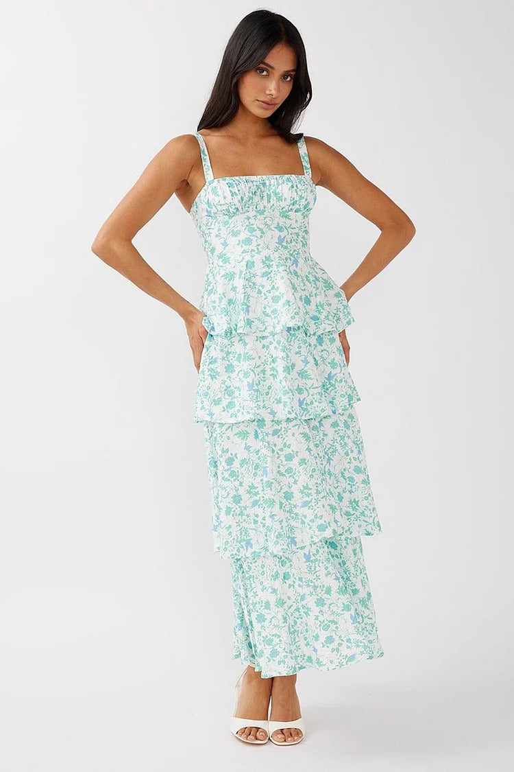 Blue Floral Square Neck Tiered Maxi Dress - Lily