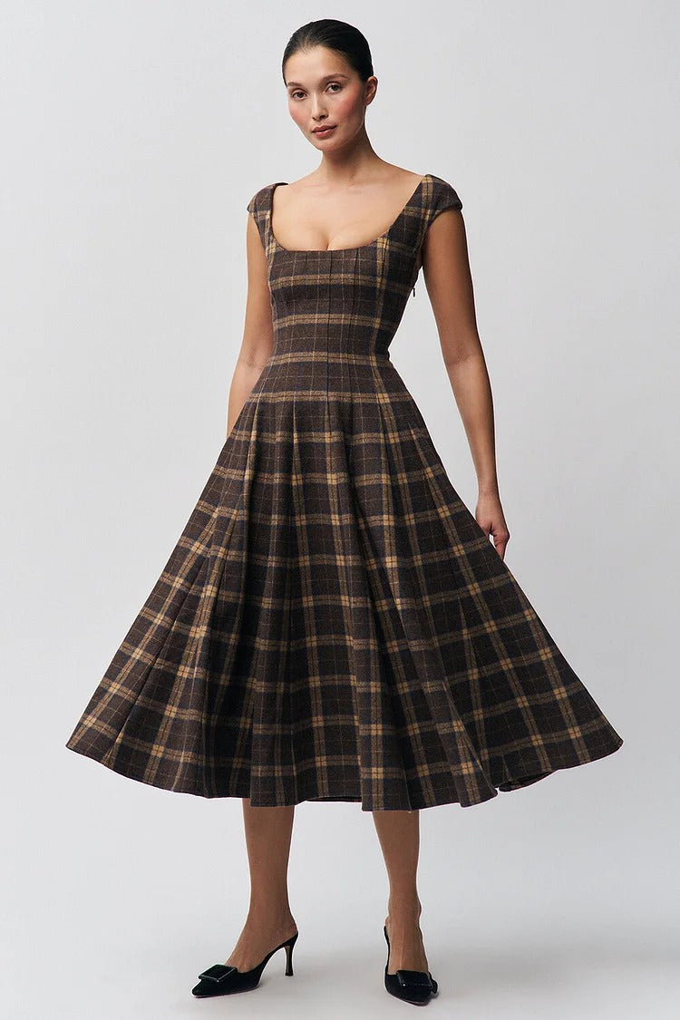 Brown Plaid Pattern A-Line Midi Dress - Sophie