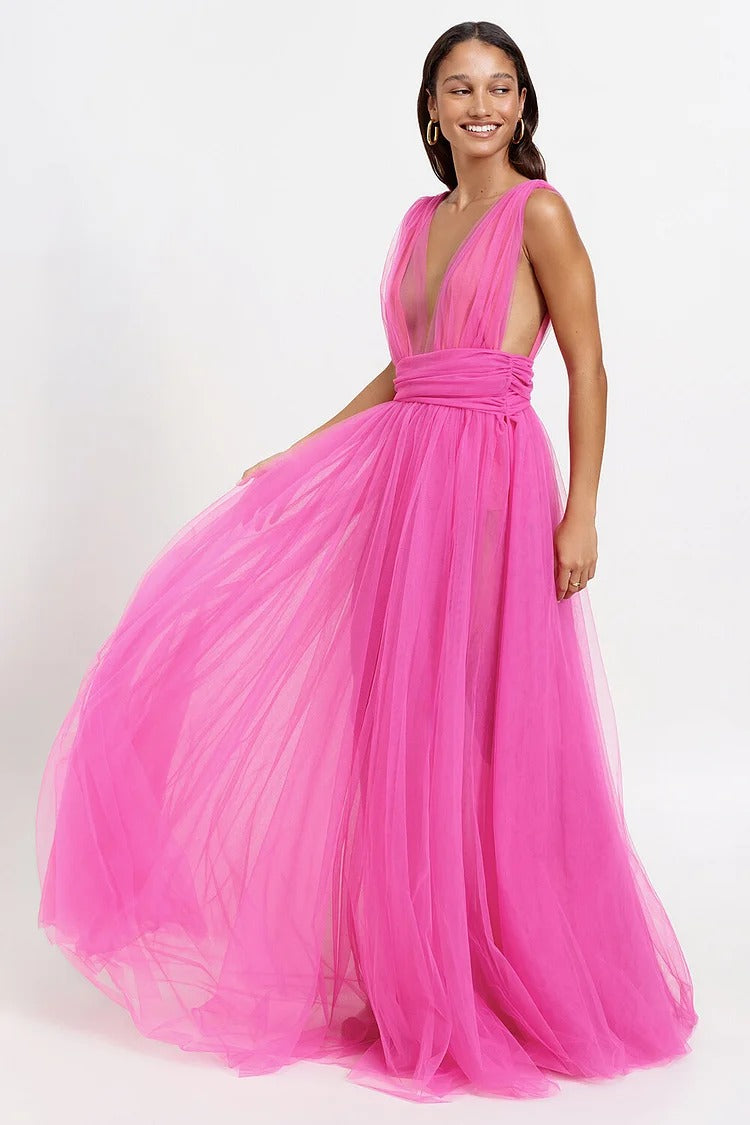 Pink Cinch Waist Tulle Maxi Dress - Lily