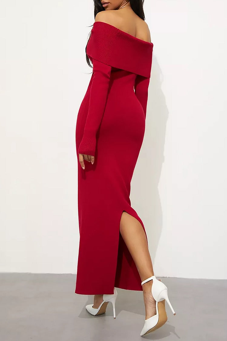 Red Knit Off Shoulder Long Sleeve Sweater Dress - Sophia