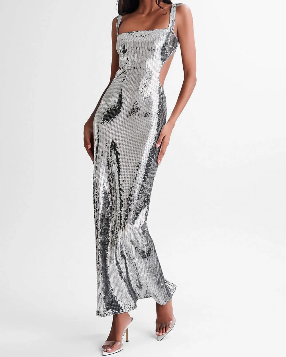 Silver Sequin Square Neck Maxi Dress - Bella