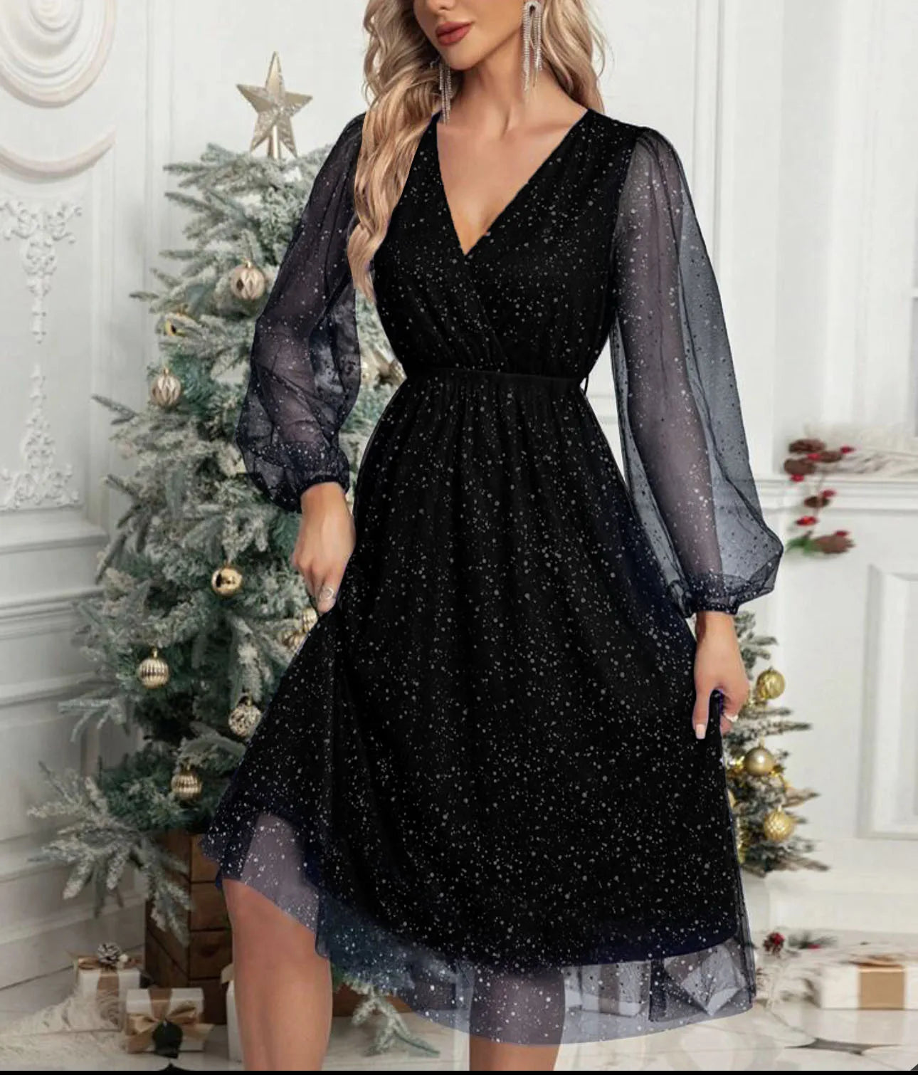 Stella™ | Sparkling Mesh-Sleeve Evening Dress
