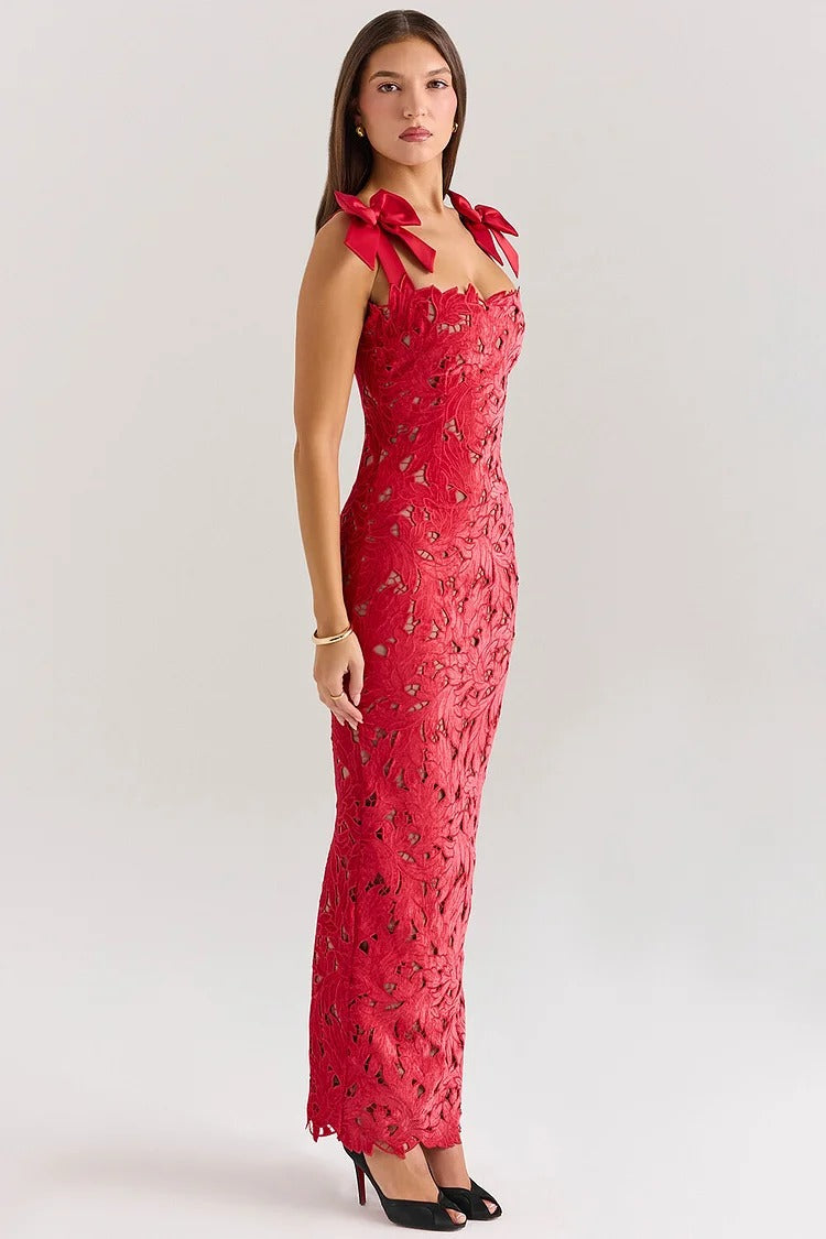 Red Floral Lace Velvet Gown - Emilia