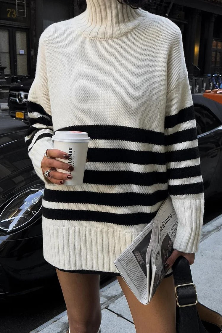 White Striped Knit High Collar Long Sleeve Sweater - Emily