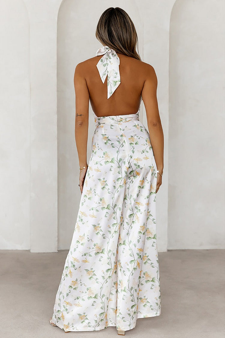 White Floral Halter Jumpsuit - Lily