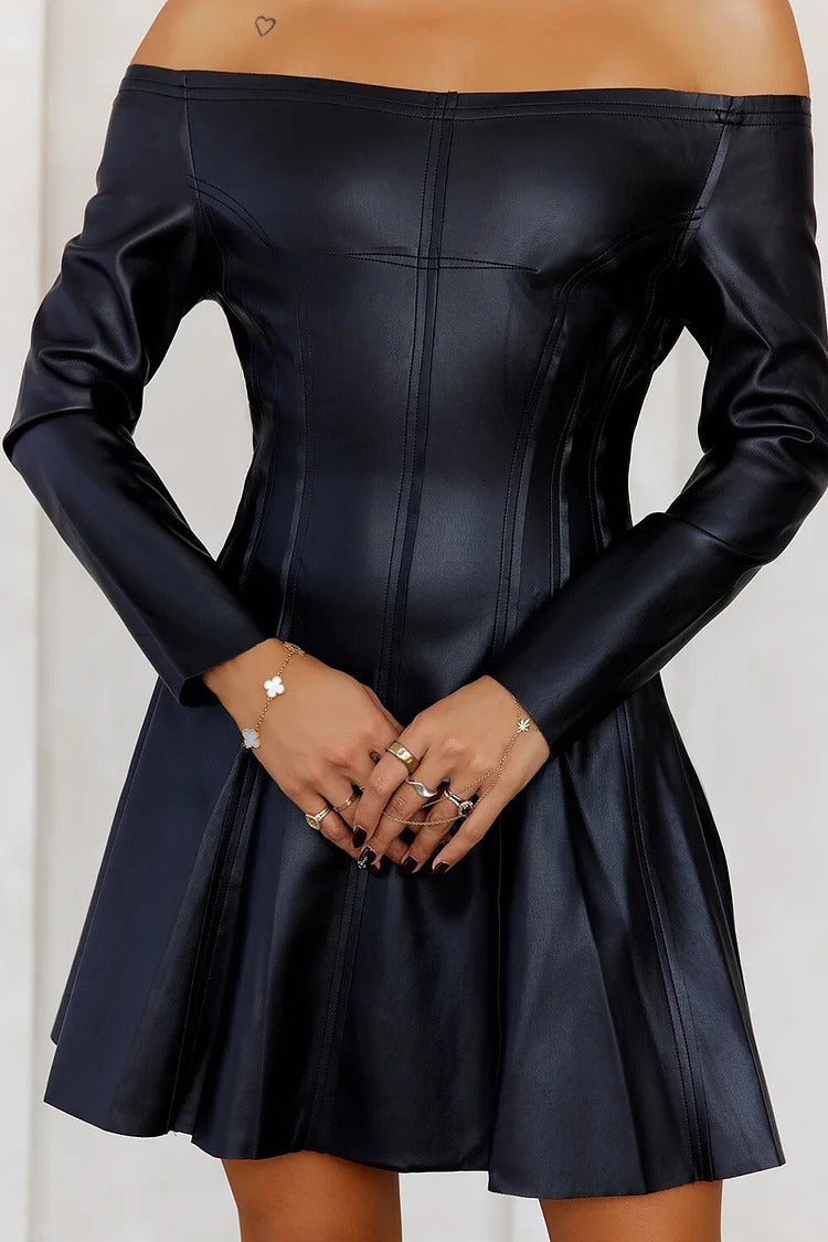 Noir Luxe Off-Shoulder Leather Mini Dress - Selene