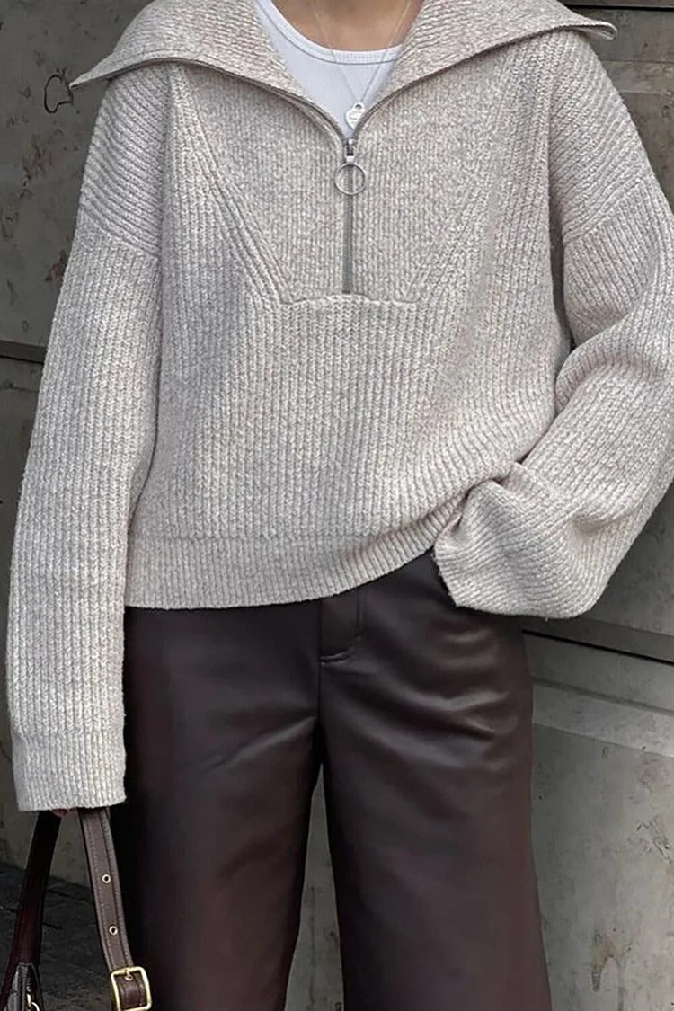 Gray Zipper Collar Knit Loose Fit Sweater - Emily
