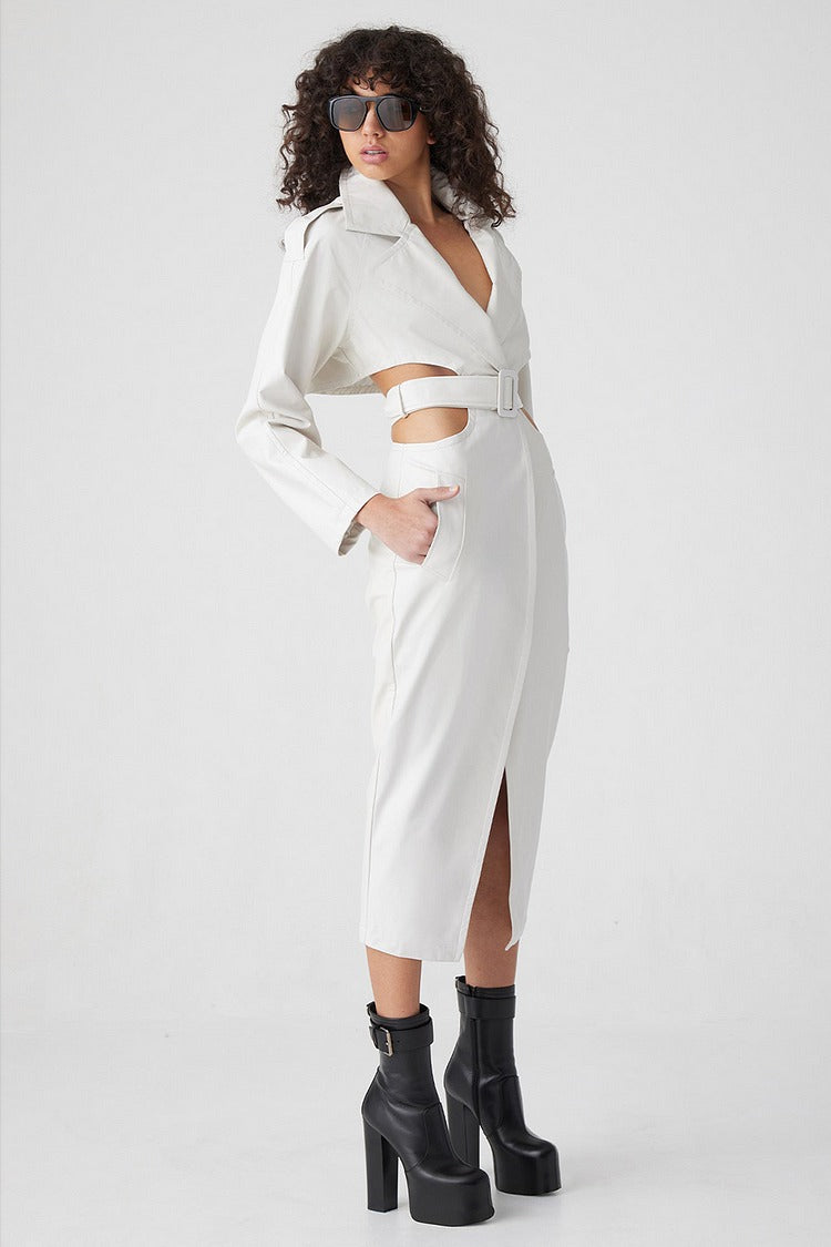White Notch Collar Cutout Trench Coat - Sophia