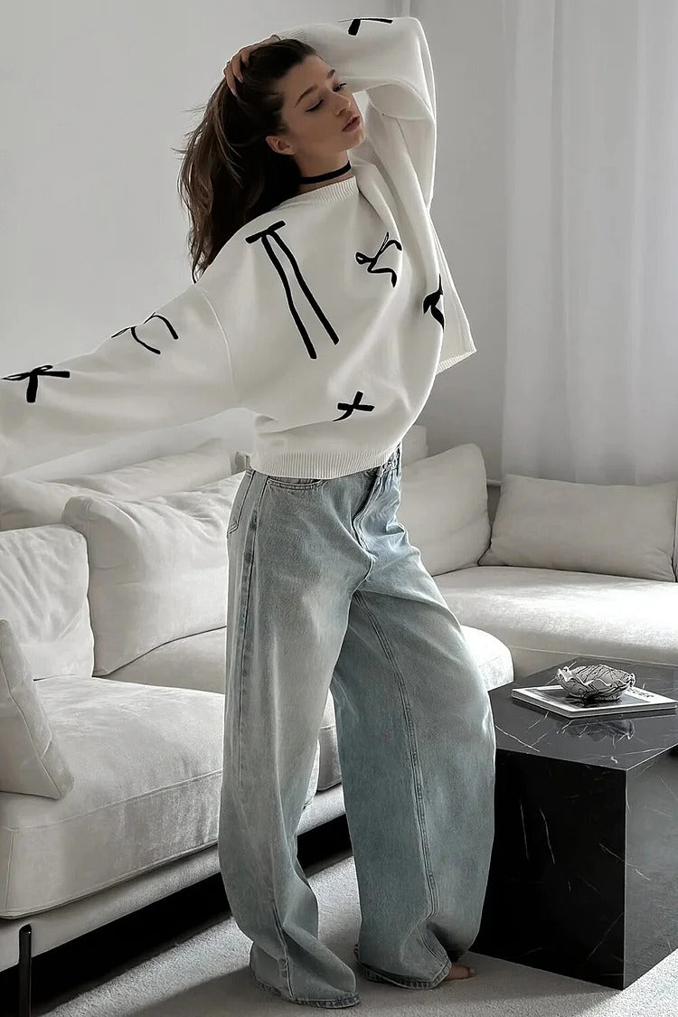 White Bowknot Knit Sweater - Sophie