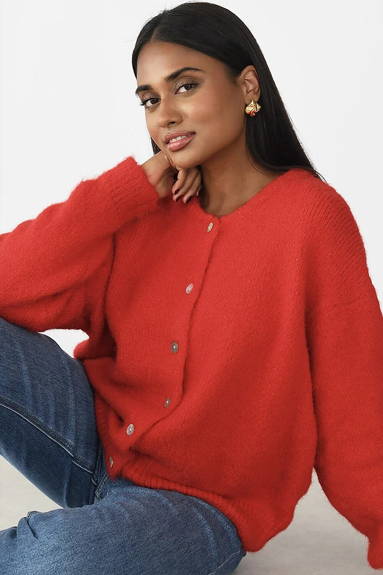 White Knit Round Neck Button-Up Cardigan - Lily