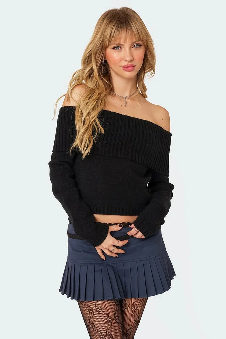 Navy Off Shoulder Knit Crop - Isla