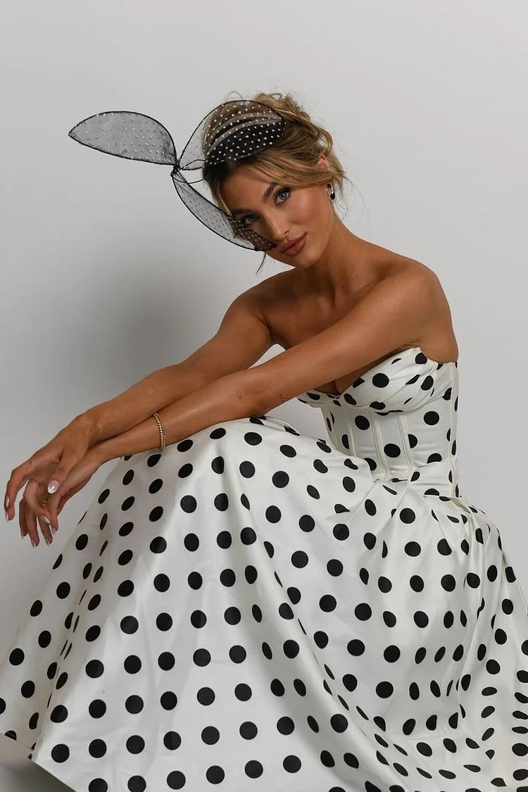 White Polka Dot Corset Maxi Dress - Vivienne