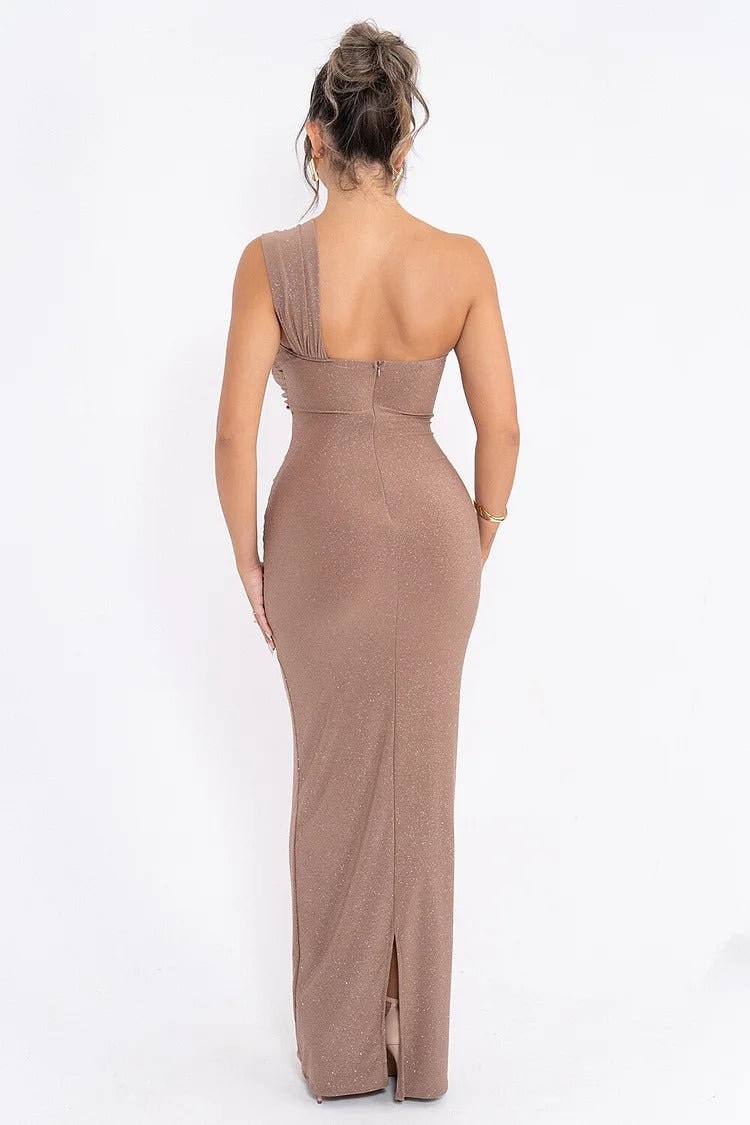 Brown Shimmery One-Shoulder Twist Maxi Dress - Selene