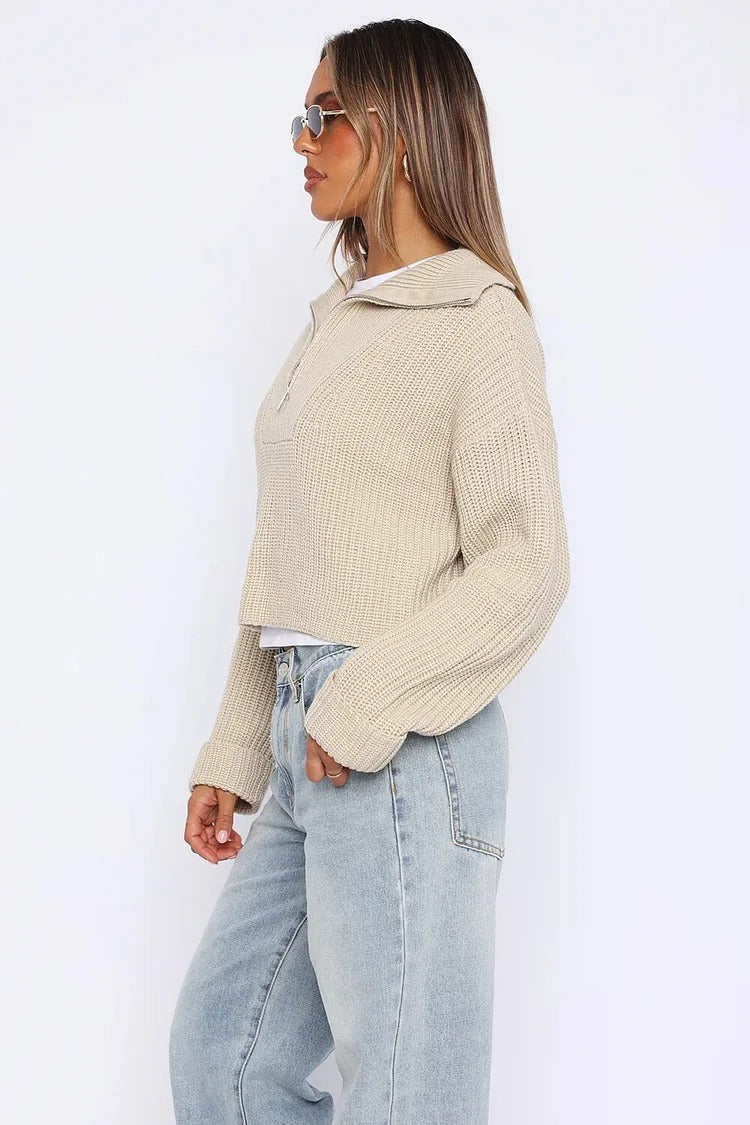 Gray Pleated Knit Zipper Crop Sweater - Ava