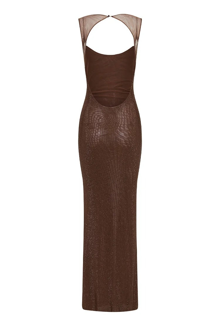 Brown Open-Back Shimmery Maxi Dress - Mia