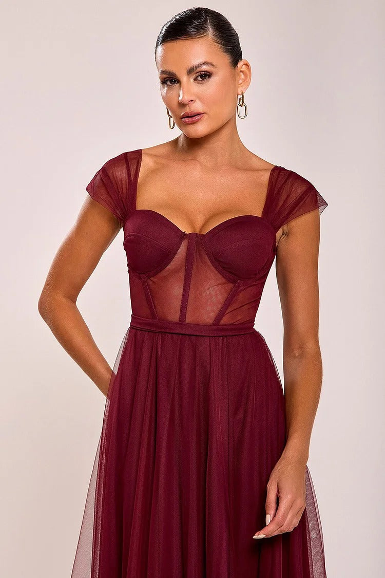 Burgundy Corset Tulle Maxi - Vivienne