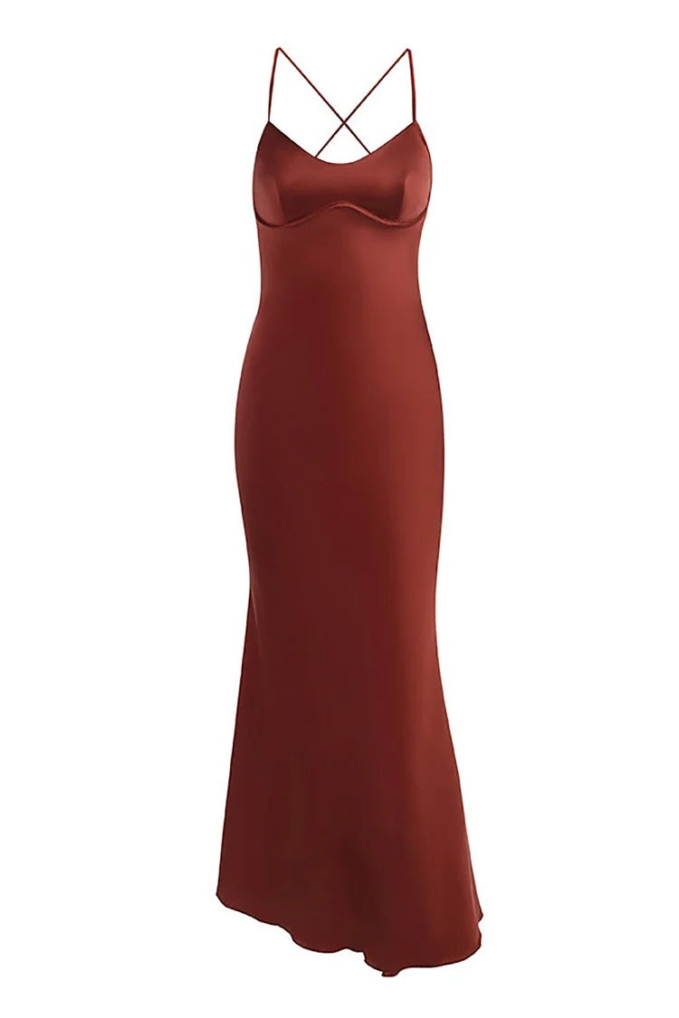 Red Satin Lace-Up Maxi Dress - Isabella