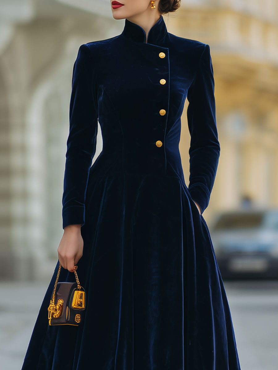 Sloane™ | Velvet A-Line Dress with Gold Details