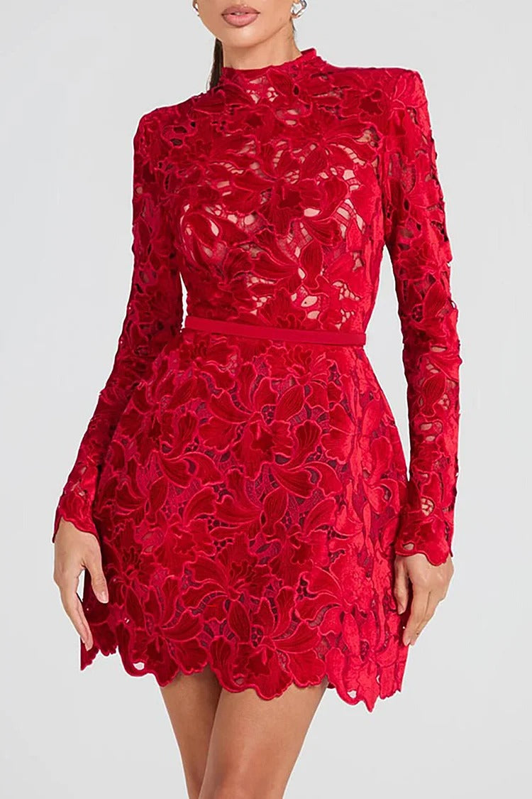 Red Floral Jacquard Mock Neck Mini - Sophia