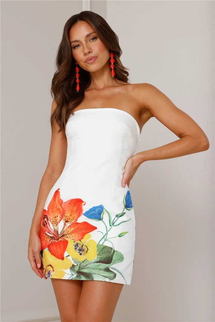 White Floral Boat Neck Mini Dress - Lila