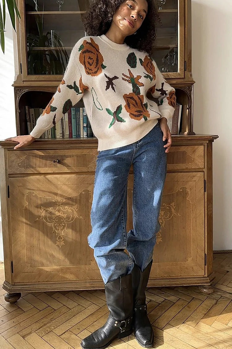 Ivory Floral Knit Round Neck Sweater - Emma