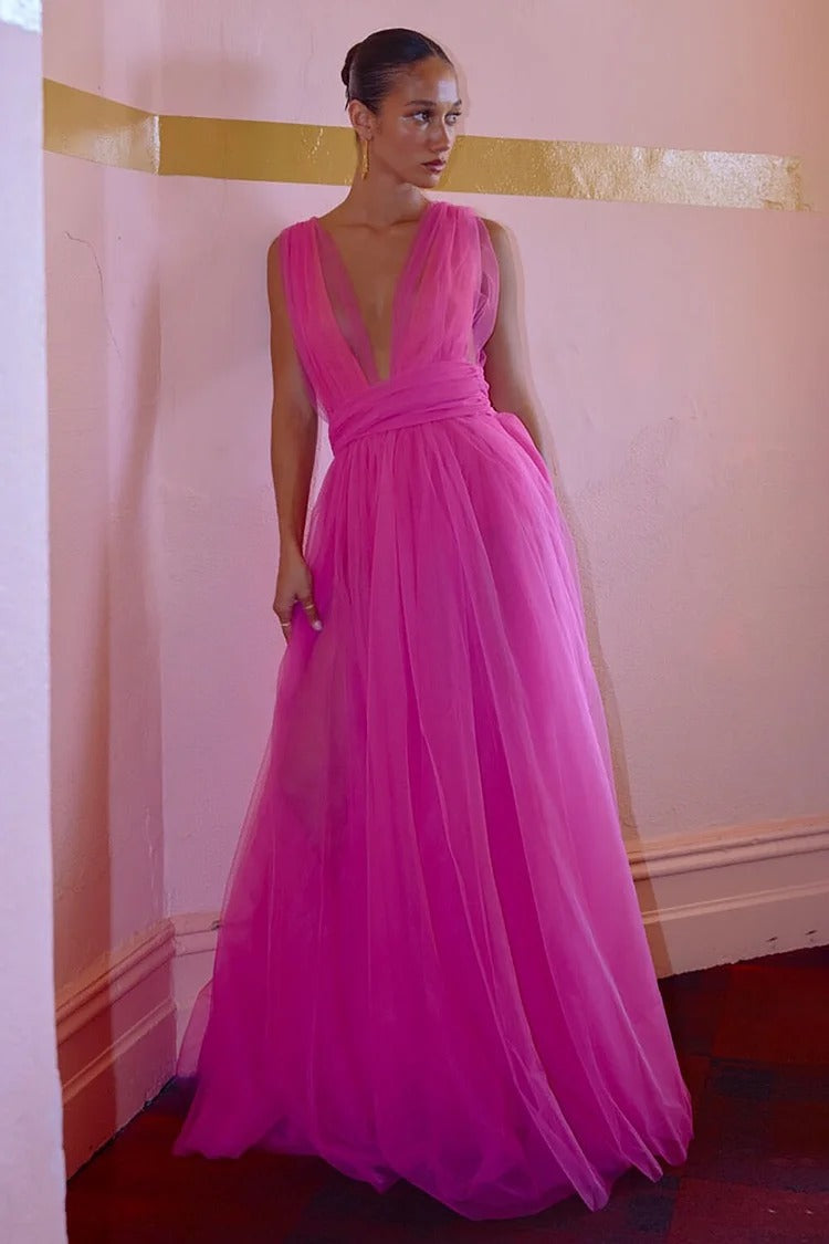 Pink Cinch Waist Tulle Maxi Dress - Lily