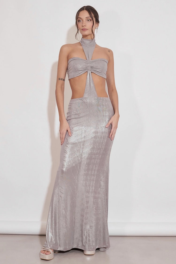 Silver Halter Cutout Slim Fit Maxi - Olivia
