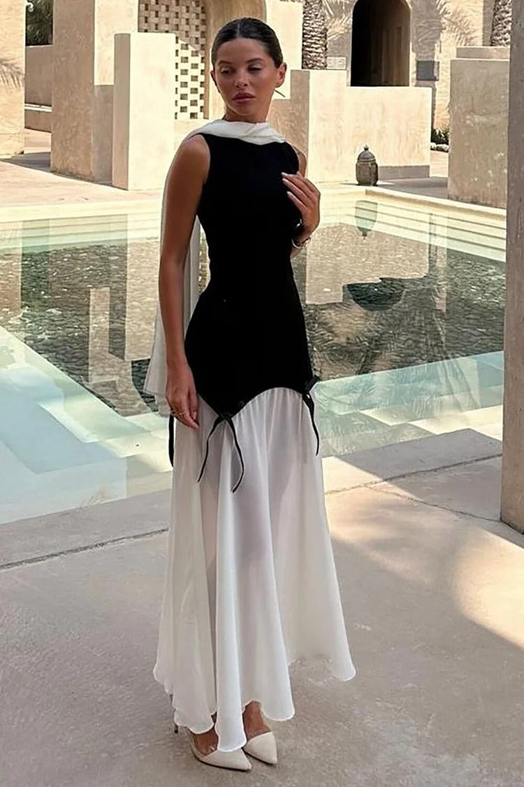 Black Colorblock Cinch Waist Maxi Dress - Ava