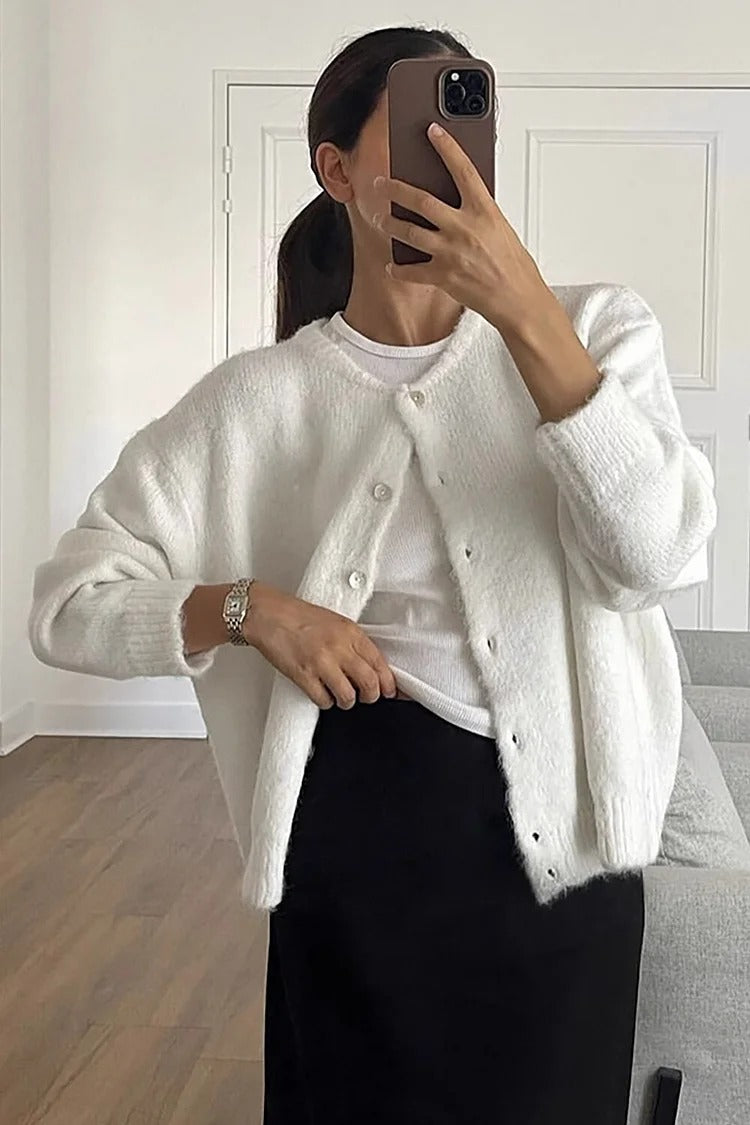 White Knit Round Neck Button-Up Cardigan - Lily