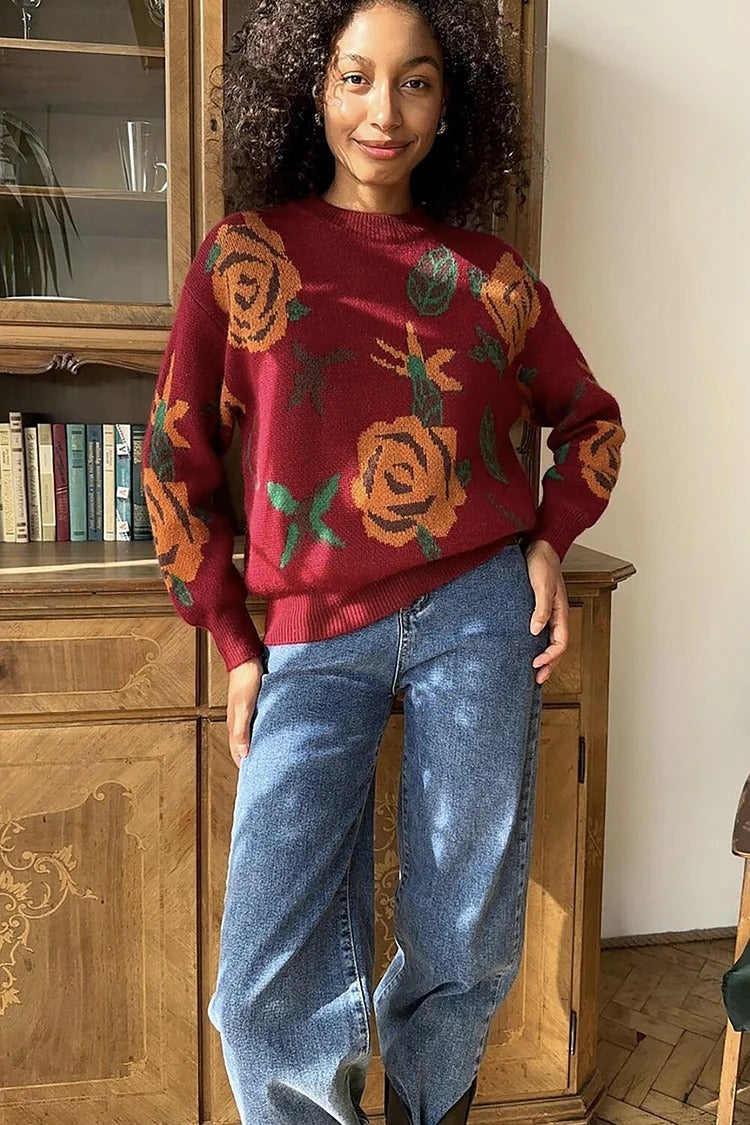 Ivory Floral Knit Round Neck Sweater - Emma