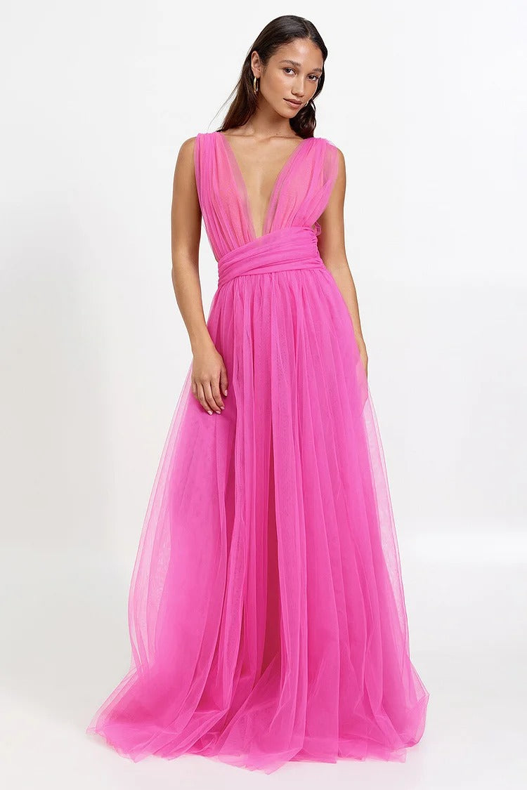 Pink Cinch Waist Tulle Maxi Dress - Lily