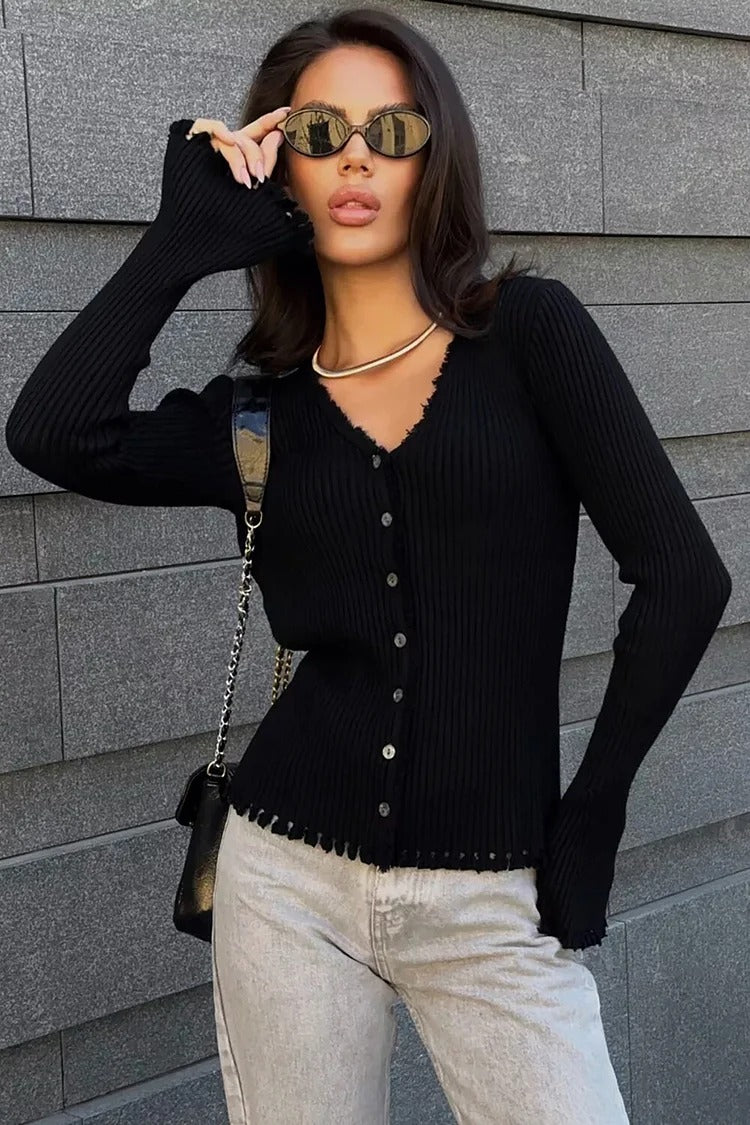 Khaki V-Neck Button-Up Crop Sweater - Emma