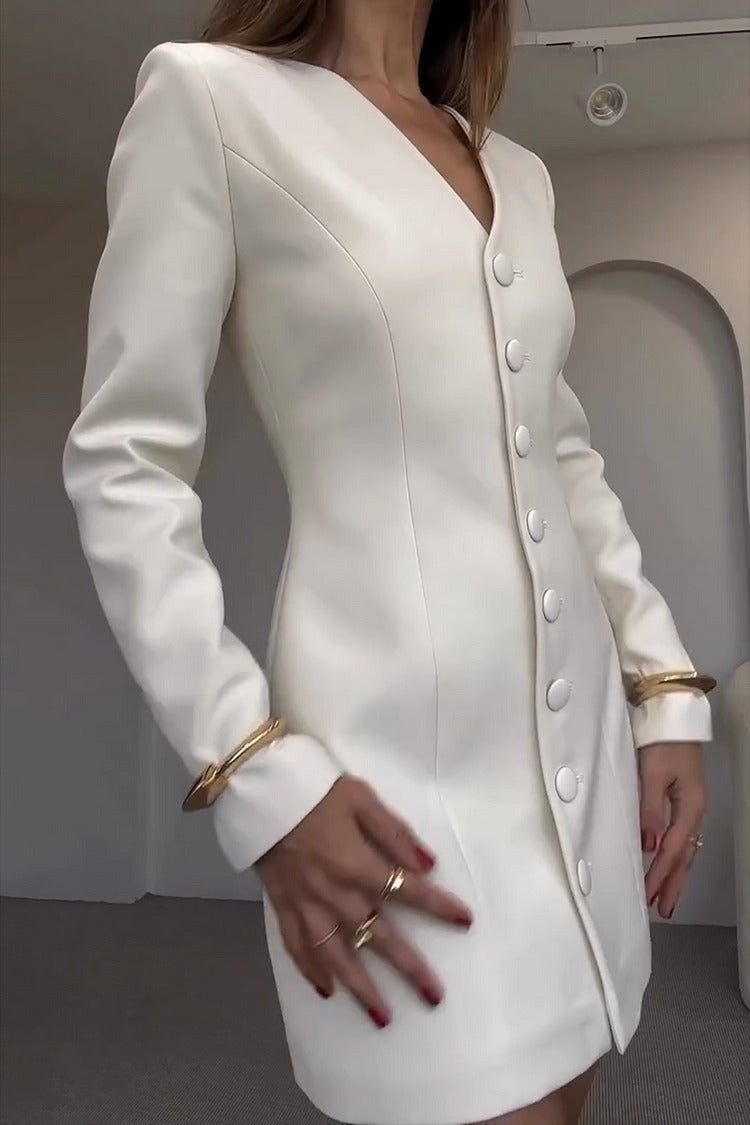 White Button-Up V-Neck Mini Dress - Liana