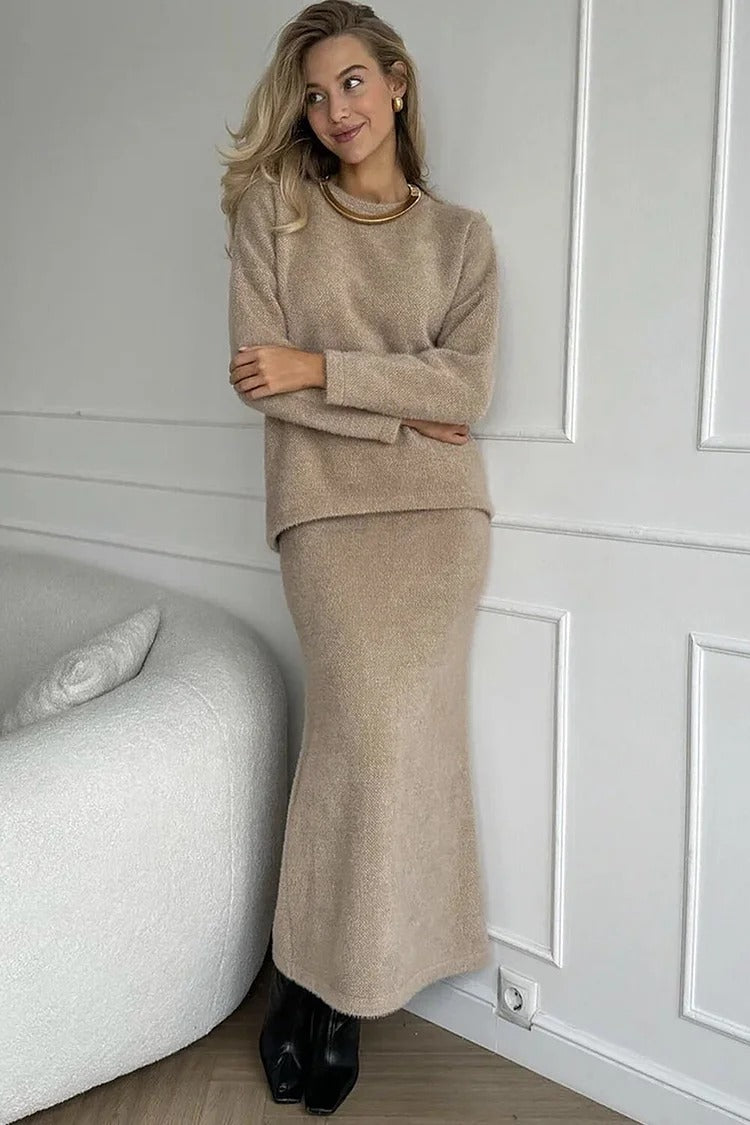 Khaki Knit Fishtail Skirt Sweater Set - Olivia