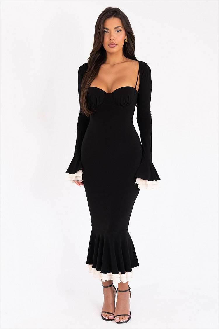 Black Ruffled Flare Sleeve Shrug & Fishtail Midi Dress Set - Elara