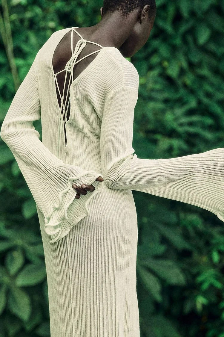 Brown Frilled Trim Flare Sleeve Pleated Backless Knit Sweater Maxi Dress - Sophia
